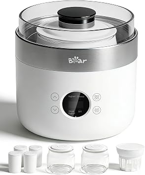 Bear Joghurtbereiter Joghurt- und Frischkäsebereiter inkl. 4 Keramik Portionsbecher à 125 ml 2 XXL Glasbehälter à 1 Liter 4 voreingestellte Programme für Griechischer Joghurt Käse