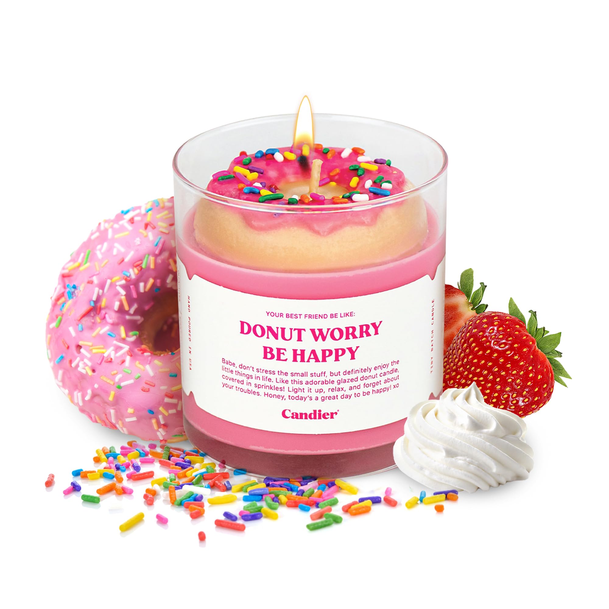 Amazon.com: Donut Worry Scented Natural Soy Candle w/Strawberry, Cream Donut  & Citrus Notes, Aromatherapy Candle for Relaxation, Unique Candles Gifts  for Women, 60-Hour Burn Time