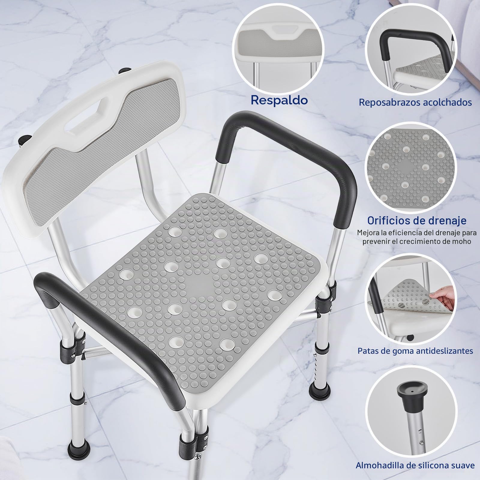 Silla de Ducha para Ducha con Brazos y Respaldo,Pesado Taburete de Ducha, 6 Altura Ajustable,Antideslizante, Silla Ducha para Personas Mayores y Discapacitadas Gris 180kg