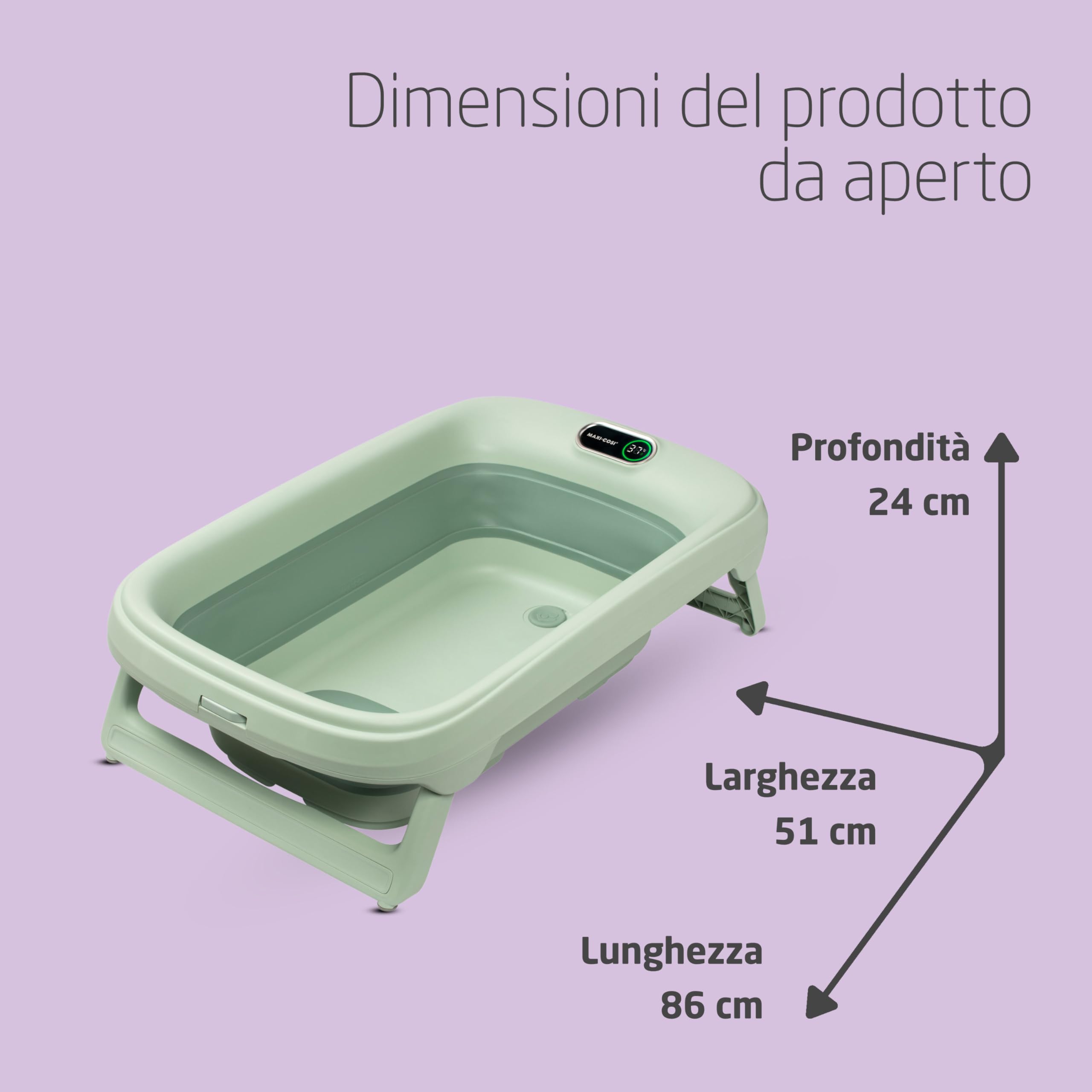 Maxi-Cosi Indigo Vaschetta Bagnetto Neonato Pieghevole, Bagnetto Bambini 0-4 Anni, Termometro HighSense Integrato, Anti-scivolo, Vaschetta Bagnetto Neonato da Viaggio, Chiusura Compatta, Sage Green