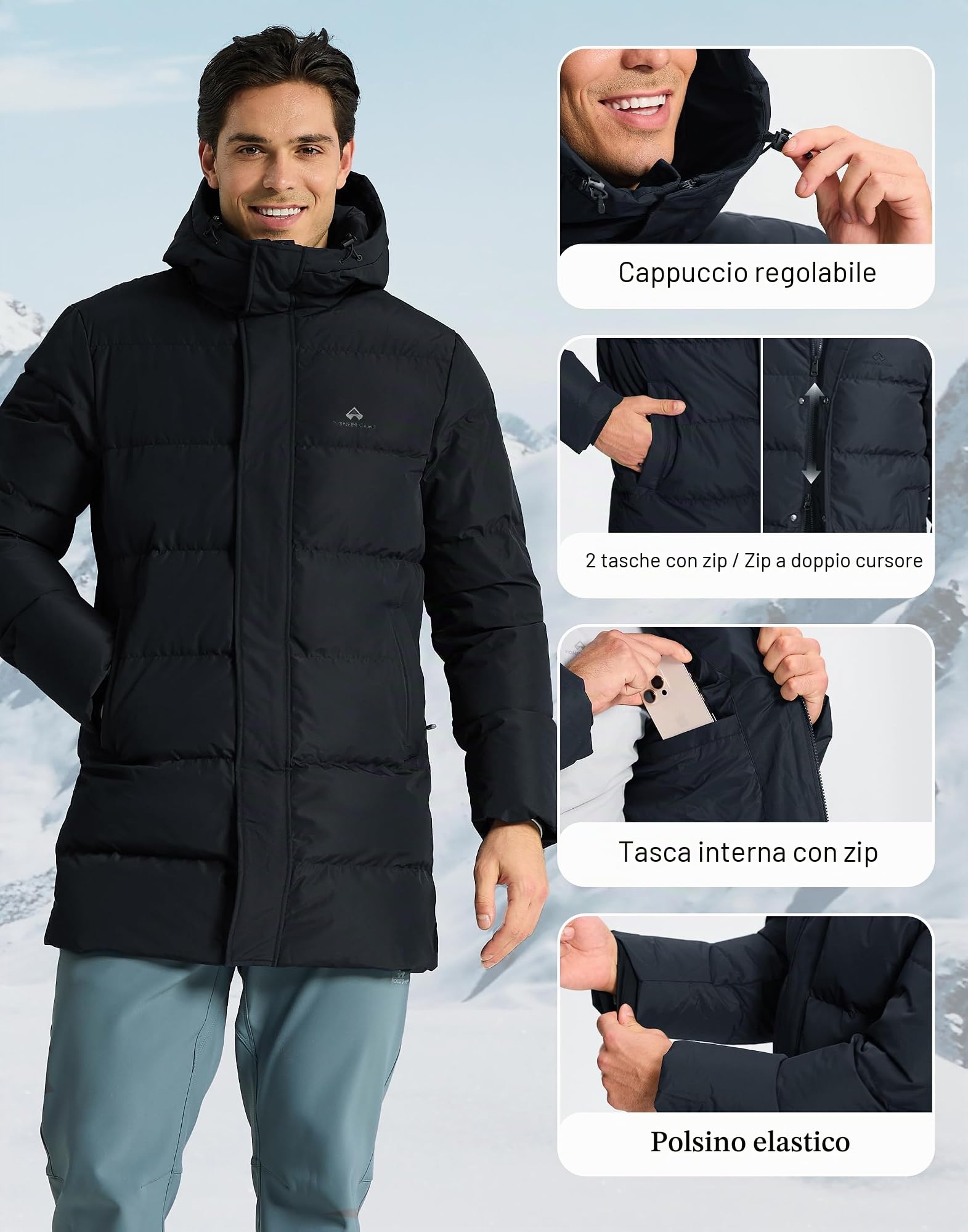 Pioneer Camp Piumino da uomo, lungo, caldo, antivento, impermeabile, giacca per le mezze stagioni, spessa imbottitura, giacca invernale con tasche, parka, giacca con cappuccio (capacità 224 g, taglia