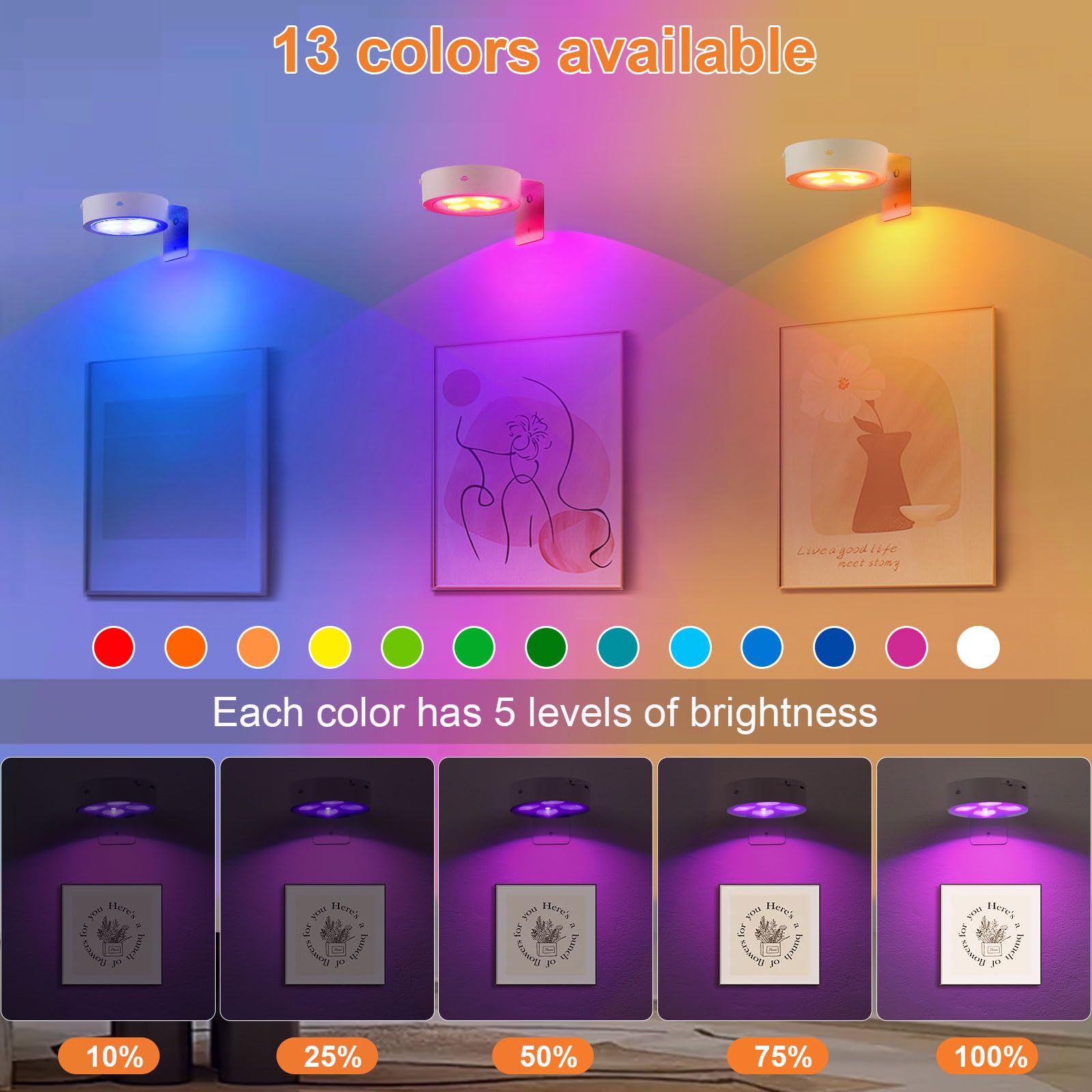 Luci Per Quadri Senza Fili Ricaricabile, 6 Pezzi LED Senza Fili Con Telecomando, 13 Colore RGB Con Dimmerabile E Timer Magnetic Painting Light Per Esposizione Pittura(Bianco)