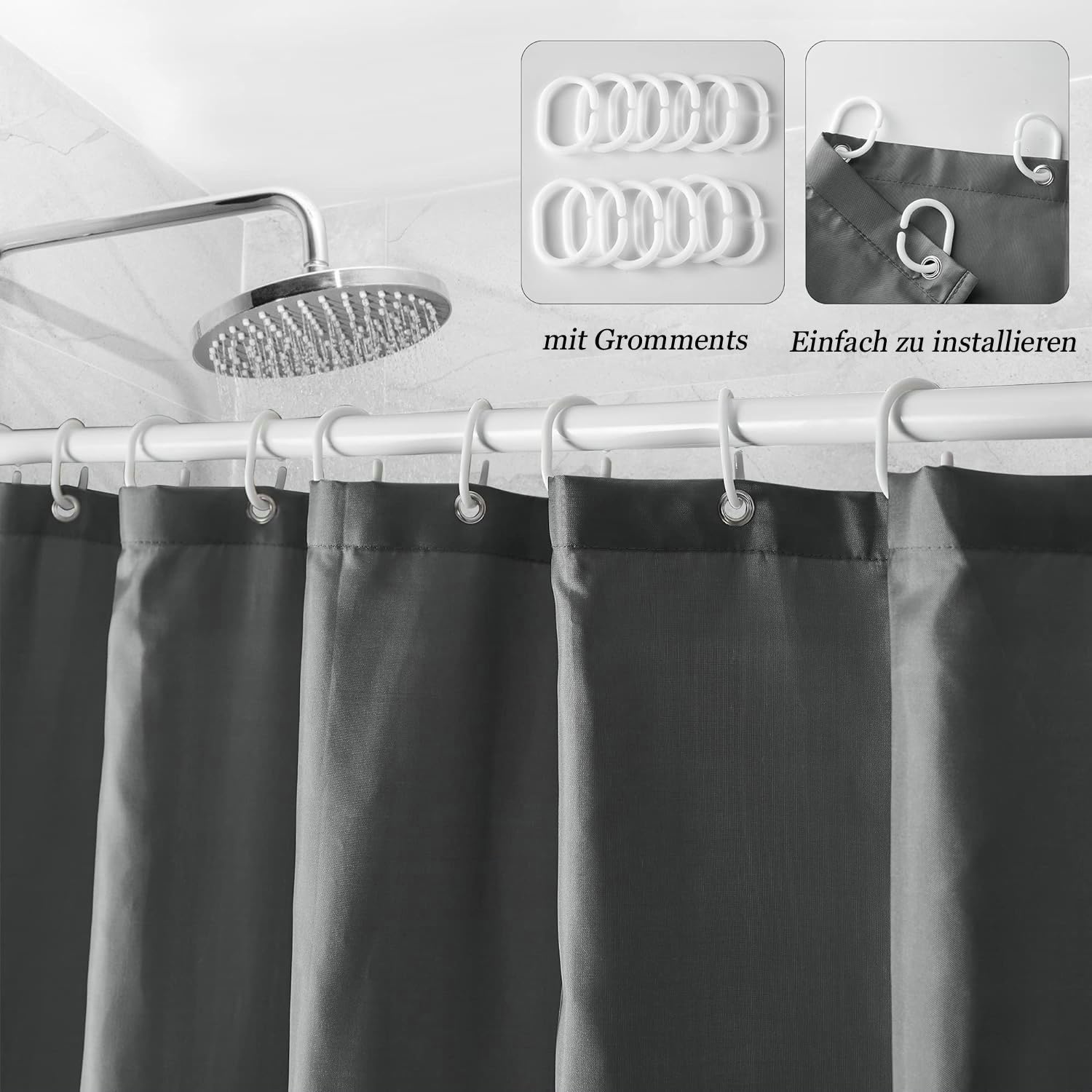 Cortina de baño antimoho gris divertida cortina de ducha de poliéster 280 x 200 cm
