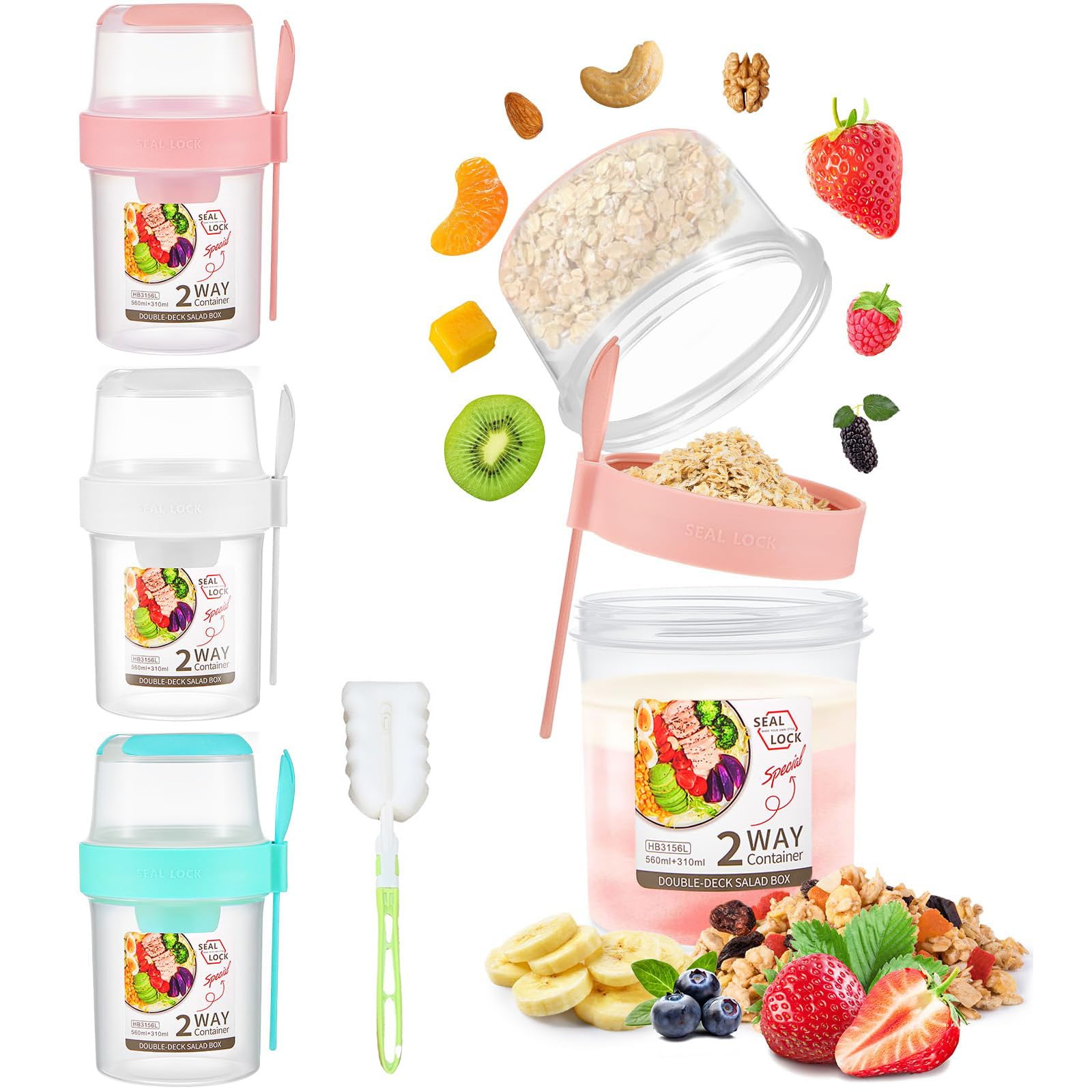 3 Pack Granola and Yoghurt Pot, Cereal Yogurt Cups Leak-Proof Breakfast Salad Cups with Lid and Spoon Oatmeal Cup Breakfast On the Go Cups for School Office Travel Reusable Overnight Oats Container