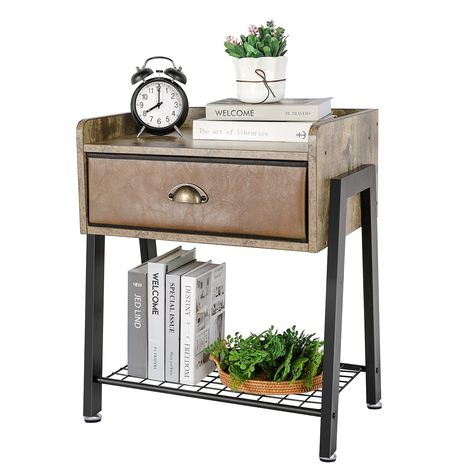 X-cosrack Nightstand with Removeable Drawer,Large Brown Nightstand Bedside Table for Bedroom, Rustic Night Stand of Sturdy Metal Wood Structure, 20.47 x 14.37 x 24 Inch