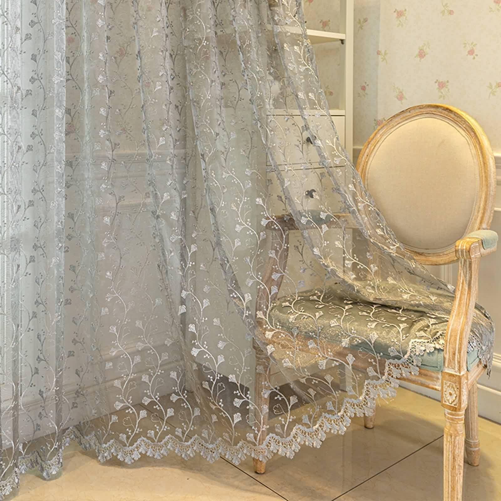 Graue Vorhänge, Küchenvorhang Fenster Modern mit Blumenranken Bestickt Polyester Gardinen Dekorativ für Home 2er Set 107x138cm BxH