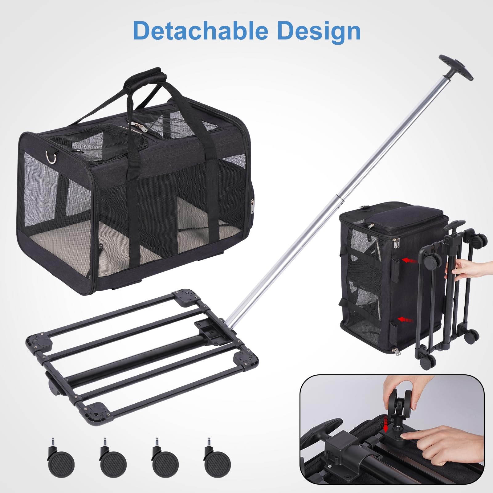 Transportín Doble para 2 Gatos con Ruedas y Carro Desmontable, Bolsa de Transporte de Doble Nivel 2 en 1, hasta 12 kg, Ideal para Gatos y Perros Pequeños, Negro