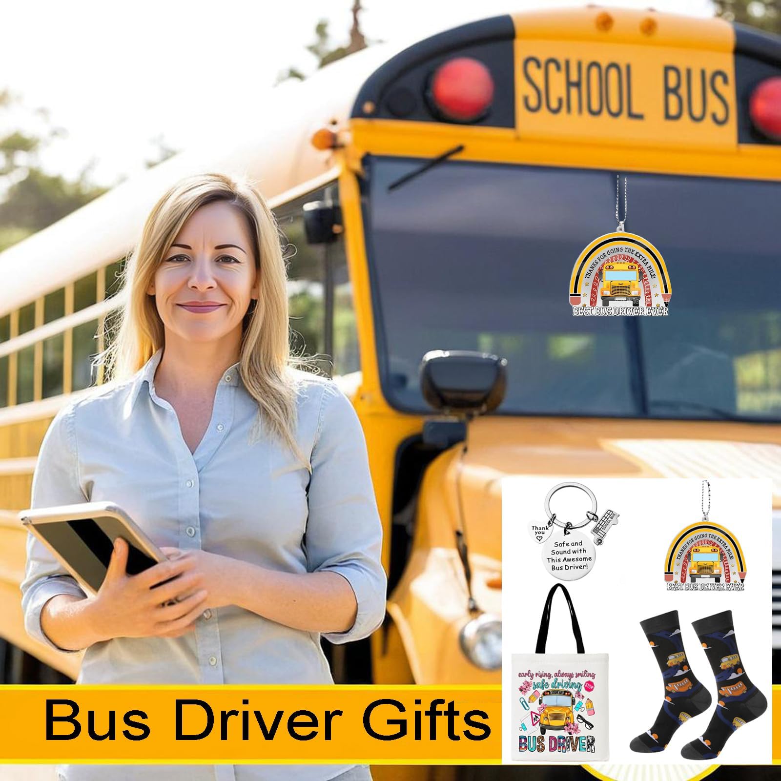 Bus Driver Gifts for Women, 4pcs Gift Set for Schoolbus Lovers, Bus Drivers Thank You Presents With Funny Novelty Socks