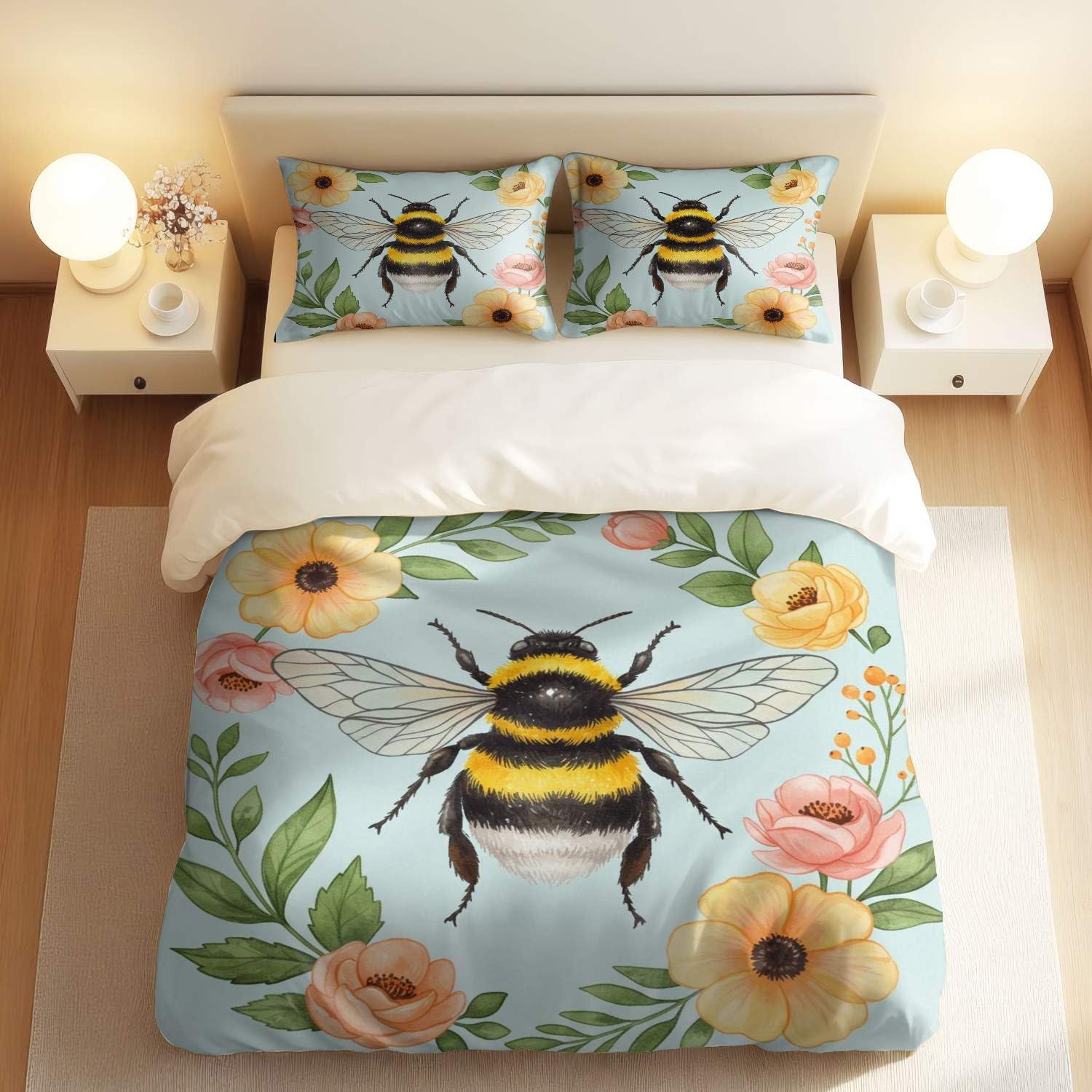 Housse de couette motif abeille parure de lit style folklorique anti-ternissement taies 50x75