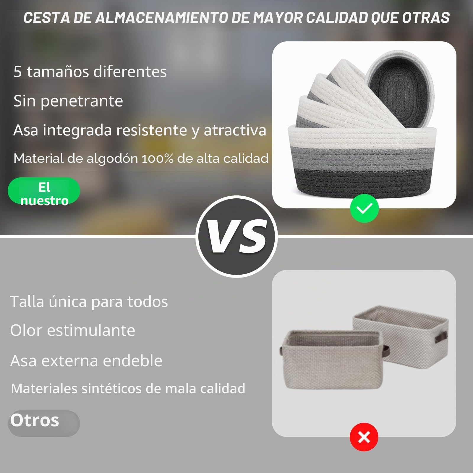 Verdenu Cestas Almacenaje Tejidas con Cuerda de Algodón Juego de 5, Cestas Organizadoras con Mango, Cestas organizadores para baño para baño infantil, dormitorio, vestuario (Gradiente Gris)