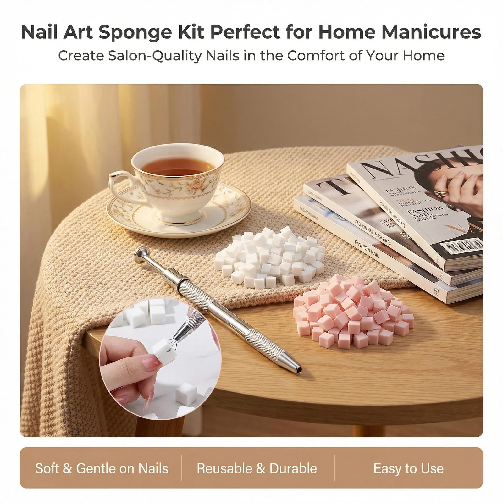 Ensemble de 100 éponges pour nail art avec pinces à épiler en métal, accessoires pour nail art, outils pour réaliser des dégradés sur les ongles