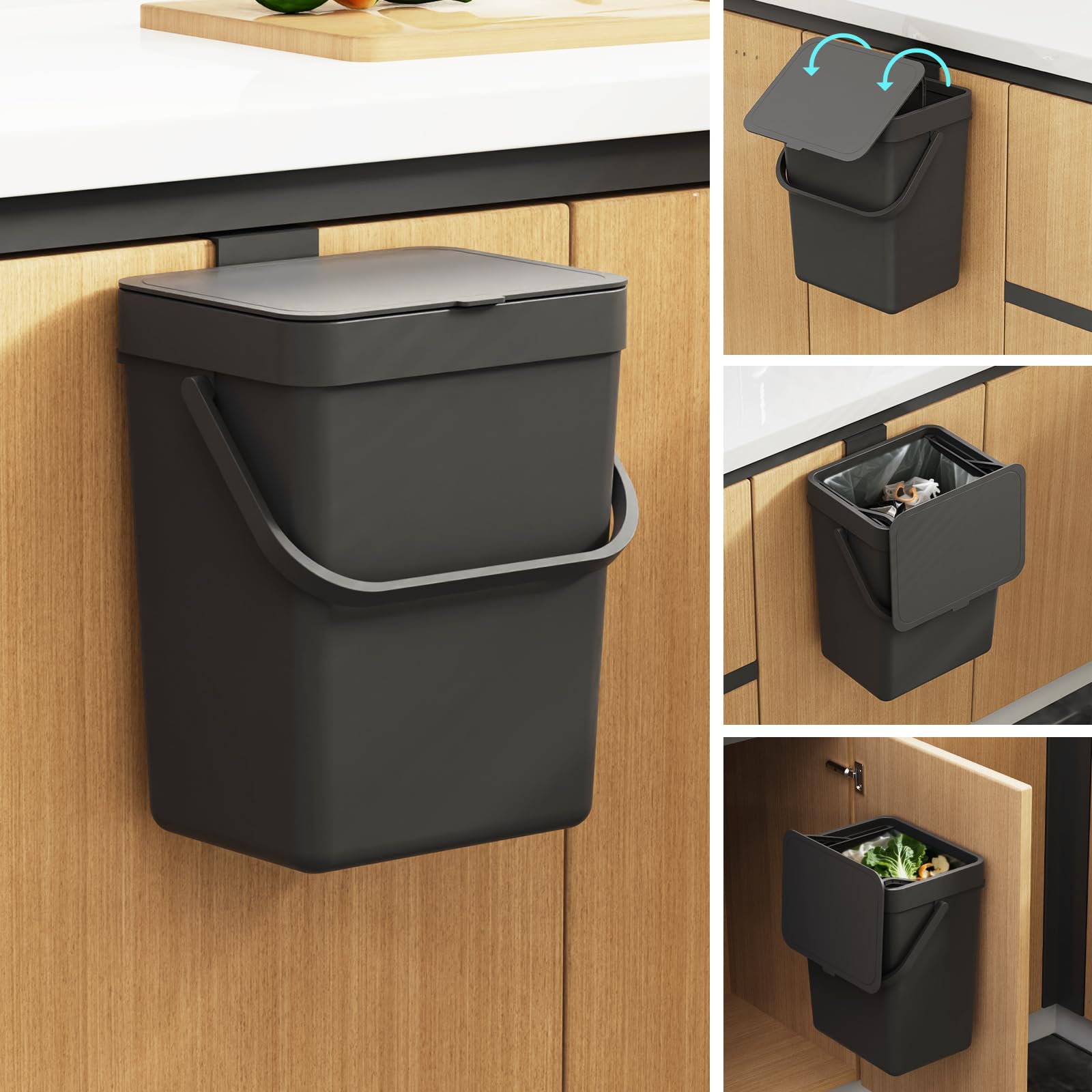LALASTAR Countertop Compost Bin, Hanging Small Trash Can with Lid Under Sink for Kitchen, Food Waste Bin for Countertop, Mountable Garbage Can for Bathroom, RV, 5L/1.3 Gal,Sliding Lid, Black
