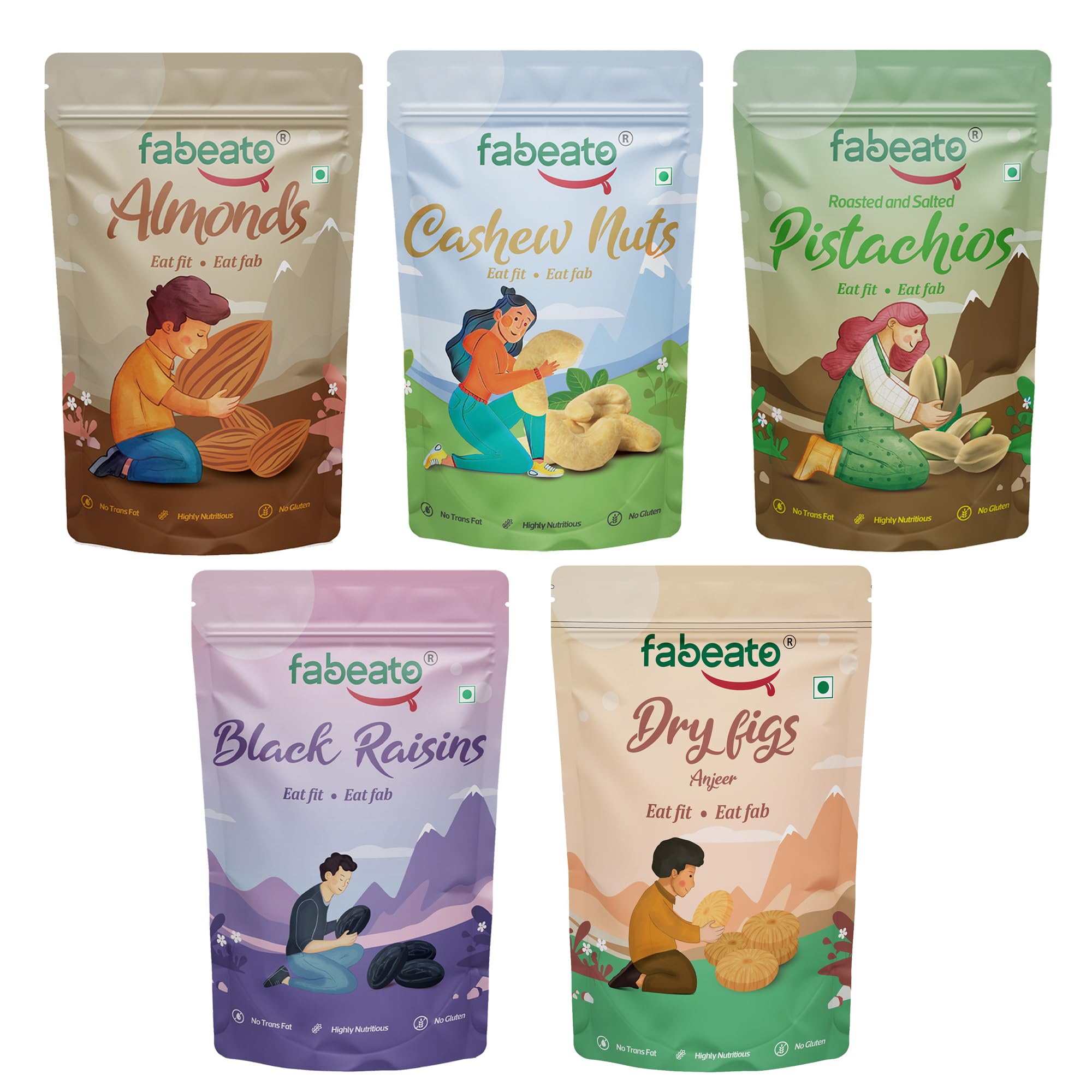 - Fabeato Dry Fruits & Nuts Combo (200g x 5) Almonds,Cashews,Pistachios,Dry Fig,Seedless Black Raisins
