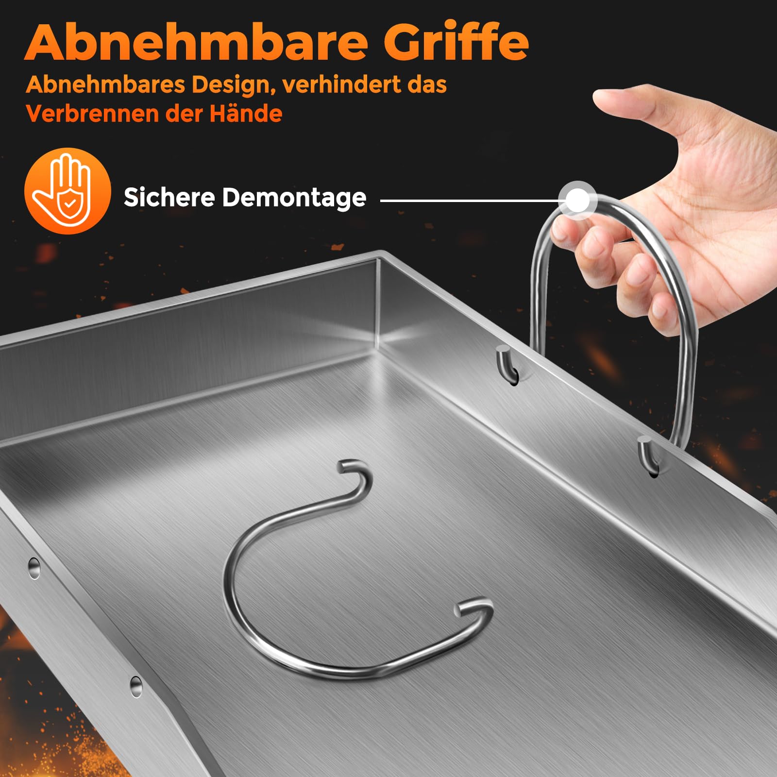 Grillplatte Plancha, 4 mm starker Edelstahlgrill für Gas- und Holzkohlegrills 40 x 30 x 4 cm, mit abnehmbarem Griff, mit 2 Grillspatel-Set,Grillgeschenke für Männer und Frauen