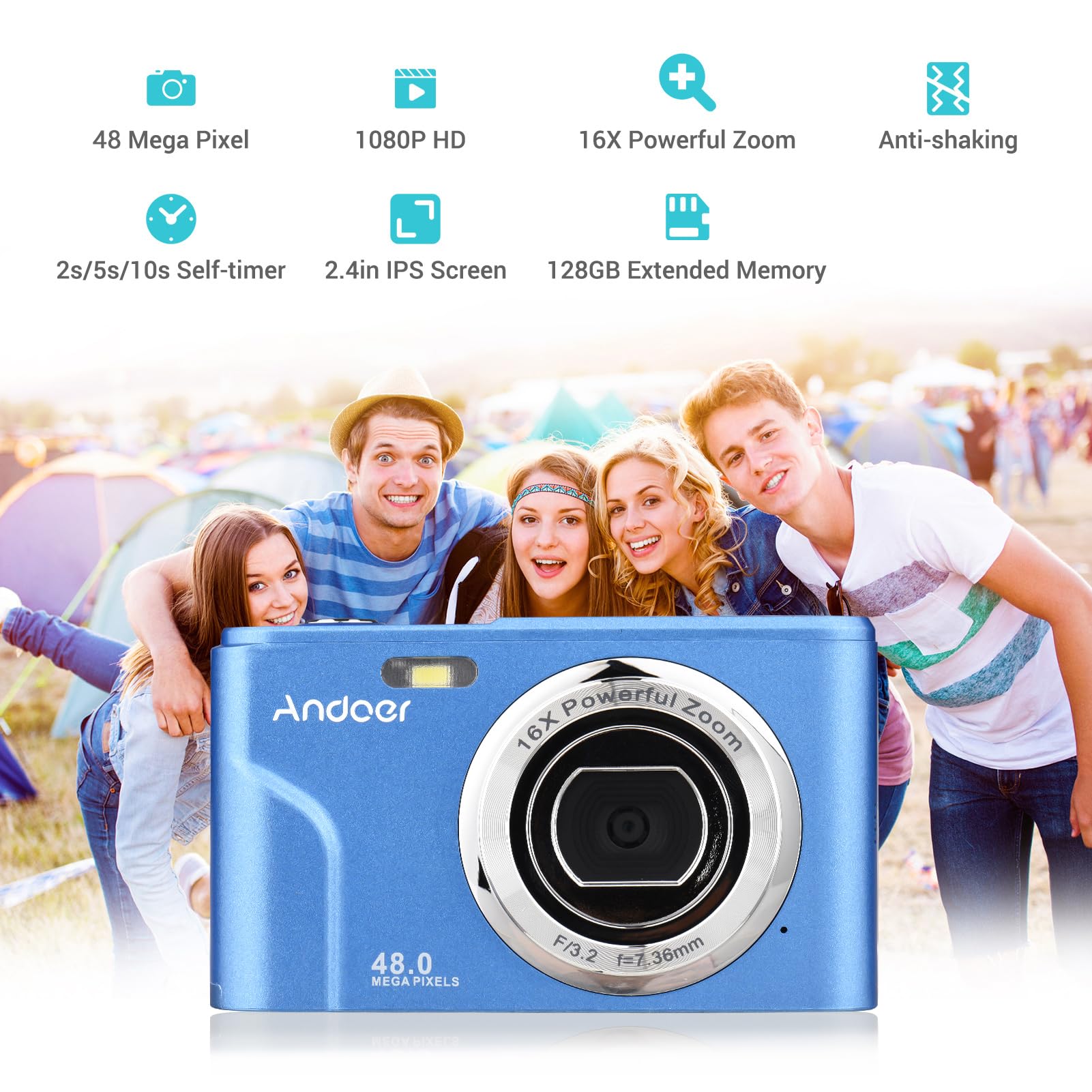 Andoer Cámara Digital Compacta, Camara de Fotos, 48MP 1080P 2,4" Cámara Digital con Zoom Digital 16X, con 2 baterías, Camara Fotos Digital para Niños Principiantes Adulto