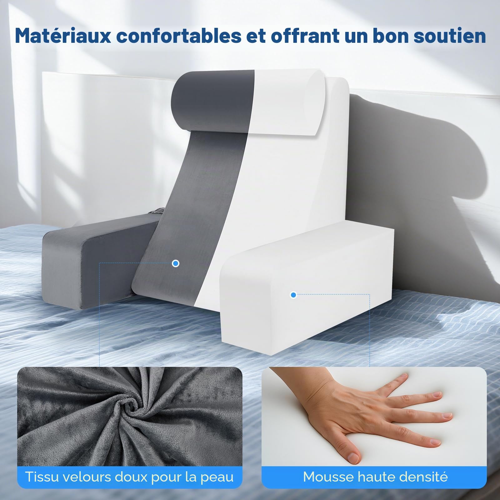 Coussin de lecture ergonomique avec appui-tête et accoudoirs amovibles, support dorsal pour lit, canapé, sol, réglable pour la lecture, le travail et la détente