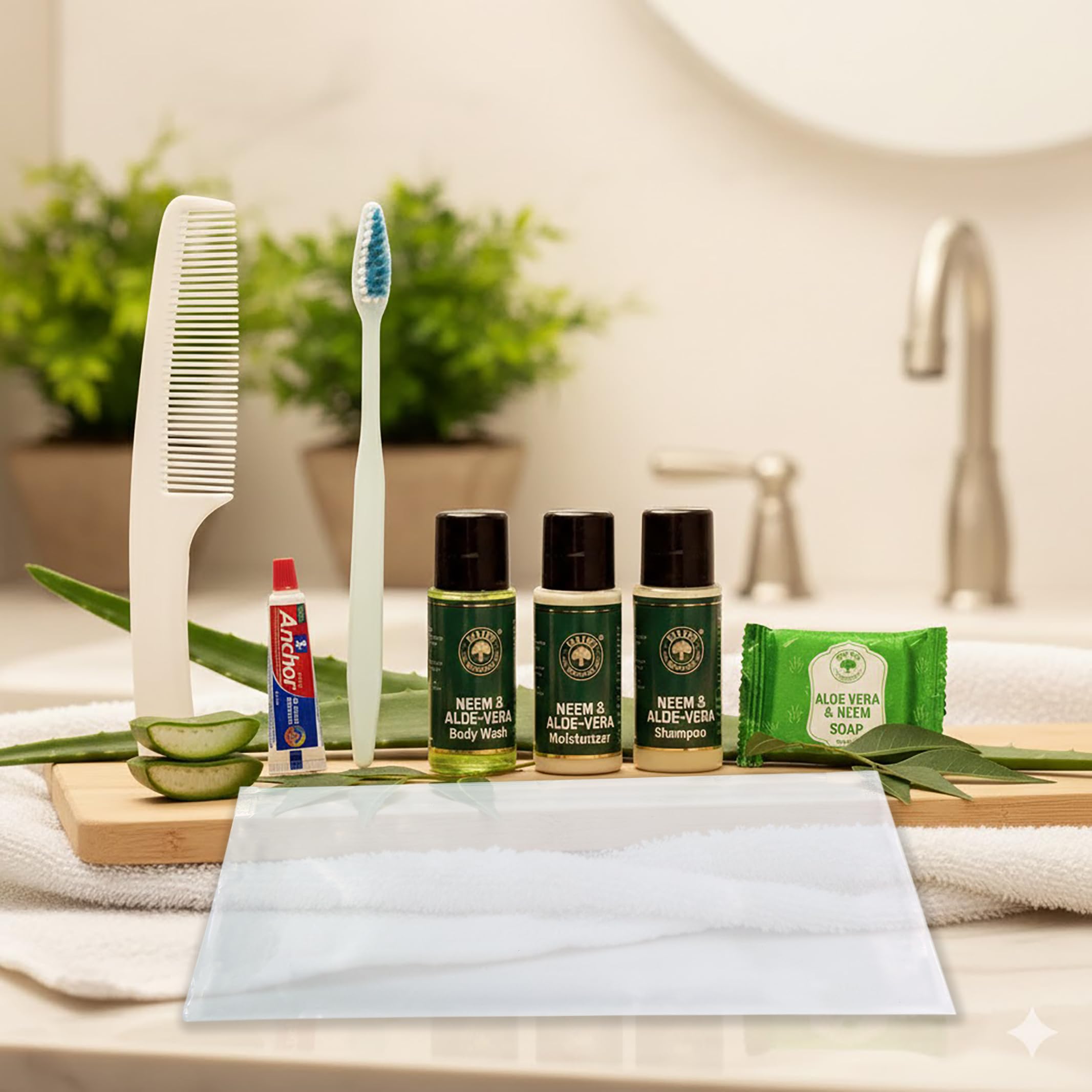 OLD TREE Hotel Amenity Kit Bulk (Pack of 50) | 7-Piece Guest Set: Shampoo, Moisturizer, Bath Gel, Soap, Comb, Toothbrush, Toothpaste & Shower Cap | Transparent Pouch for Hotel, Resort, Hospitals-image-15