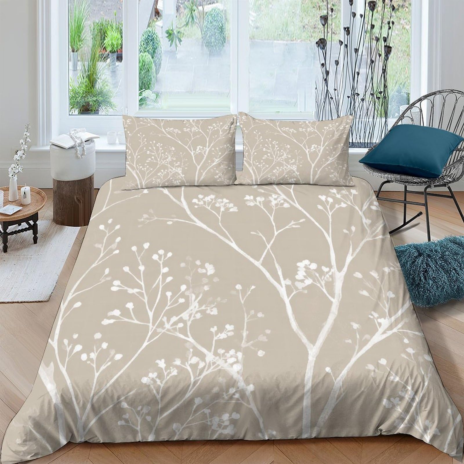 Ctjqhvkz Style-7 3D Printed Beige Tree Branch Fitted Sheet Microfiber Soft Breathable Forest Silhouette Bed Cover For Bedroom Guest Room Single（135X200cm）