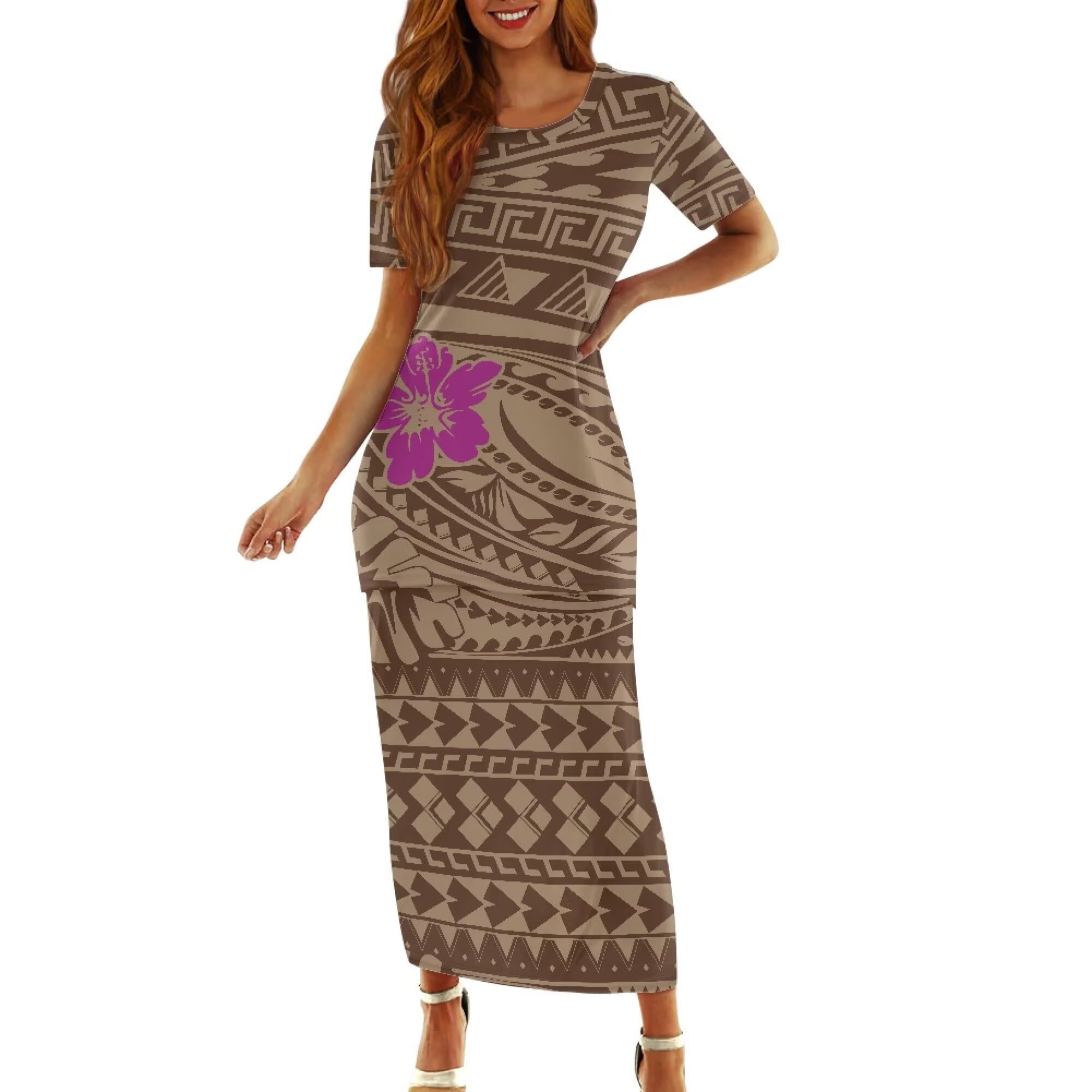 Puletasi Samoan Traditional Maxi Skirt Sets Polynesian Tribal Tapa Totem Women Island Short Sleeves Set Maxi Dress
