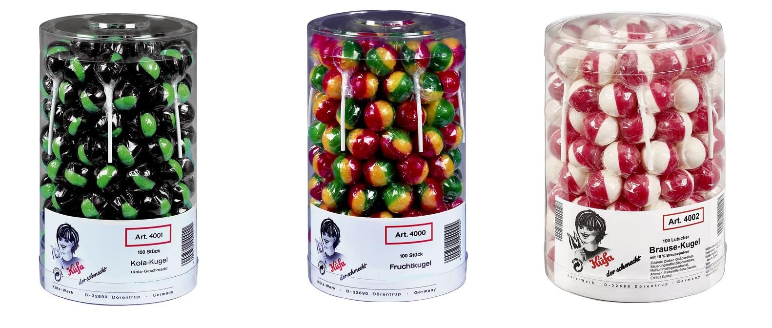 300 Küfa Lutscher Mix Lolly aus Brausekugel/Kola-Kugel/Frucht-Kugel a 17g einzeln verpackte Kugel-Lollis