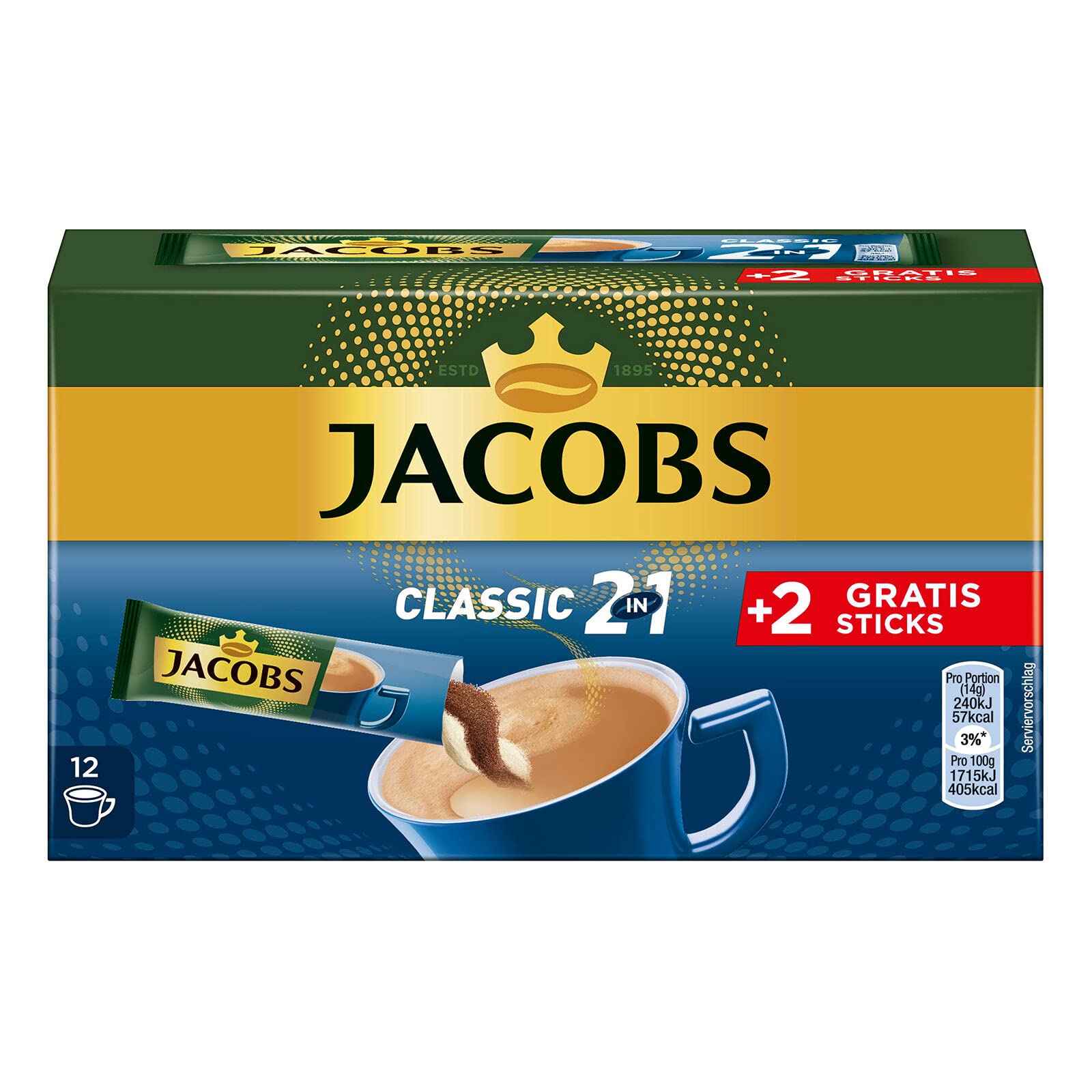 Jacobs Kaffeespezialitäten 2 in 1, 144 Sticks mit Instant Kaffee, 12 x 10+2 Getränke, Nur für kurze Zeit