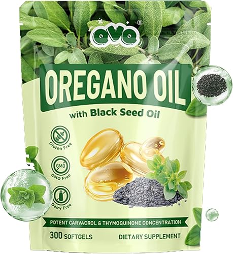Cápsulas blandas de aceite de orégano orgánico con aceite de semilla negra, 300 unidades, sin OMG, vegano, sin gluten, suplemento de carvacrol y