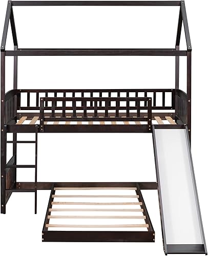 Miniatura 5 de BIADNBZ Litera en forma de L, camas de tamaño individual sobre individual con tobogán y techo, marco de litera de piso de madera, diseño que ahorra