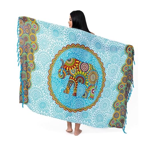 Canga De Praia Em Viscose Floral Elefante Saida Grande (Azul Claro)