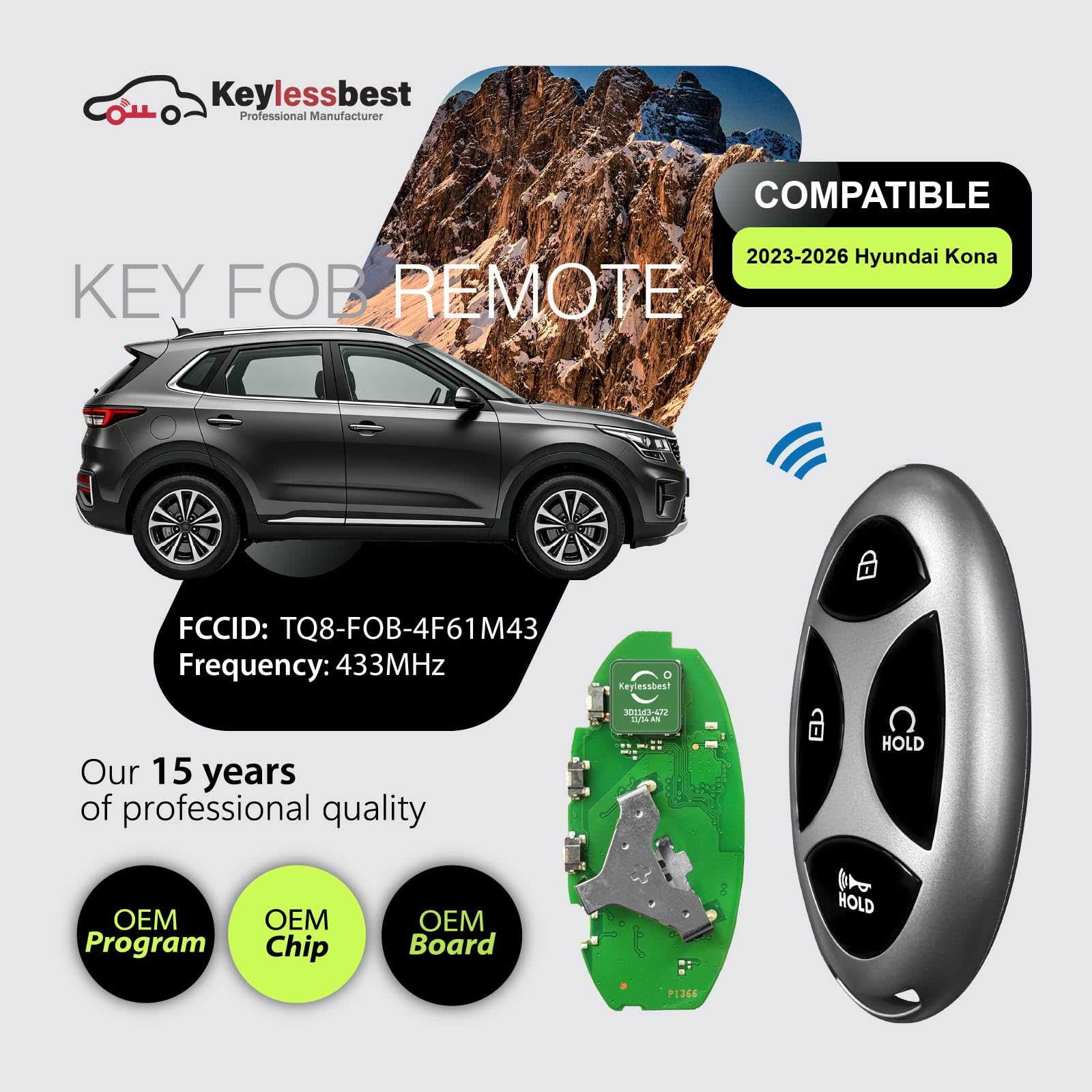 Ricambio per telecomando Hyundai Kona 2024 TQ8-FOB-4F61M43 4 pulsanti 433 MHz
