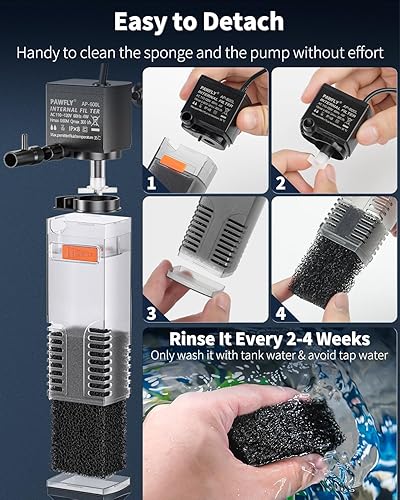 Miniatura 6 de Pawfly Filtro interno para acuario con bomba de agua de 80 gph, filtro de espuma de esponja biológica sumergible silencioso para tanques de peces de