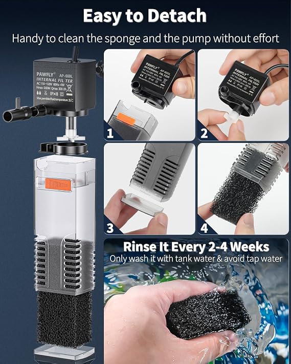 Pawfly Fish Tank Filter Internal Aquarium Filter with 300 L/H Submersible Quiet Water Pump and Sponge for 40 to 75 L Fish Tanks Small Multifunctional Filter for Filtration Circulation and Oxygenation