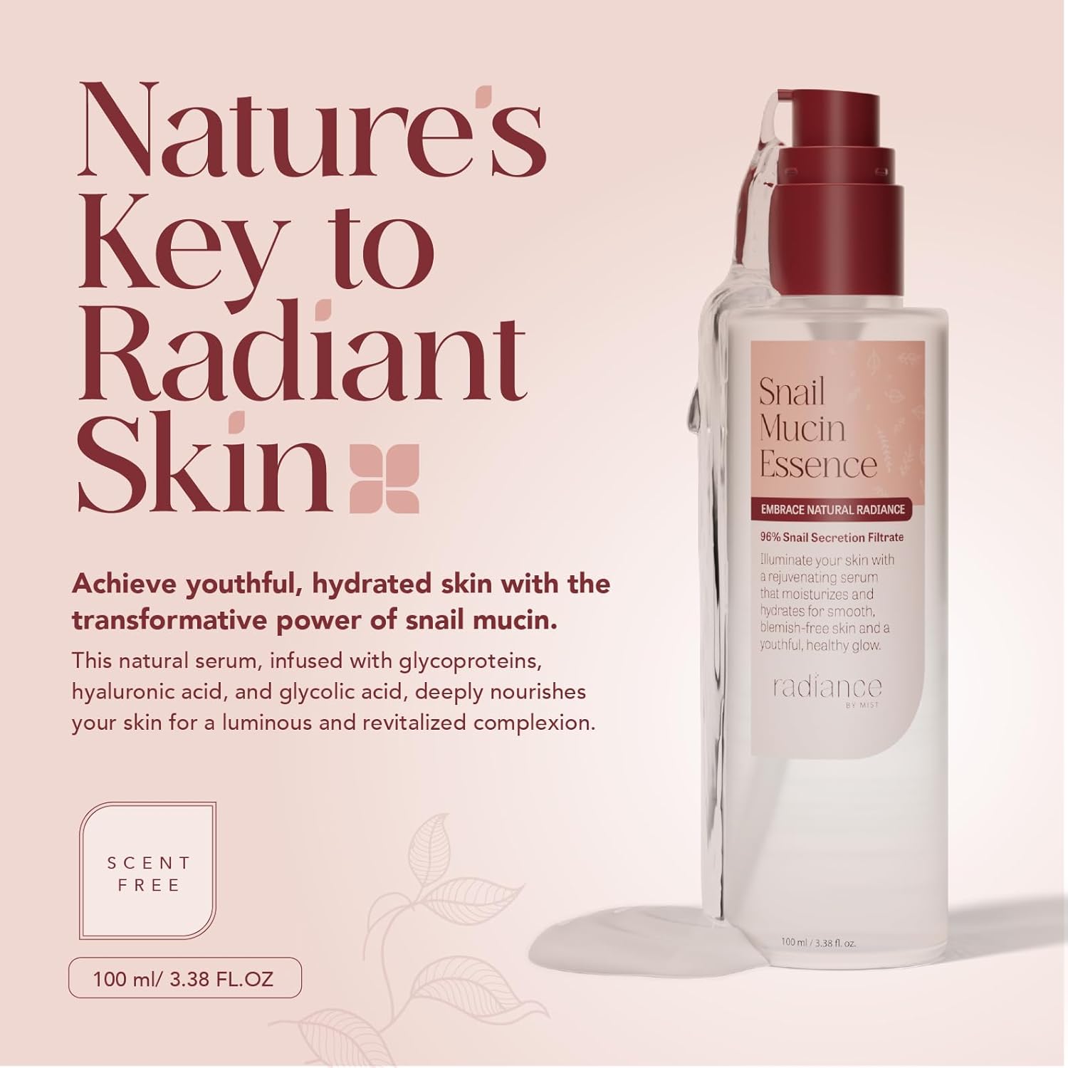 Radiance Snail Mucin Serum with Advanced Snail 96% Mucin Power Essence, Korean Skin Care with Hydrating Hyalauronic Acid Korean Serum, 3.38 fl oz, 100ml - Image 2