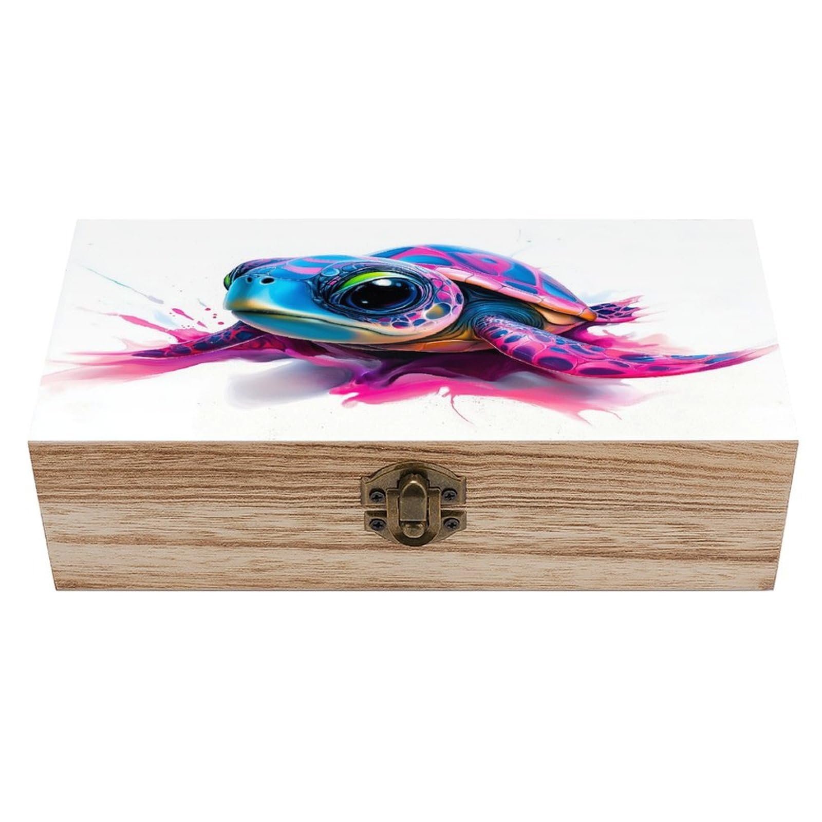 Ahdyr Sea Turtle with A Psychedelic Shell Wooden Storage Box with Hinged Lid And Front Clasp Large Keepsake Box
