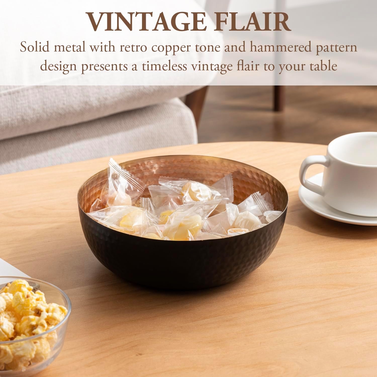 MyGift 8 Inch Art Deco Hammered Black Metal Decorative Bowl with Copper Tone Interior, Home Decor Coffee Table Candy Dish, Key Wallet Catchall - Handcrafted in India