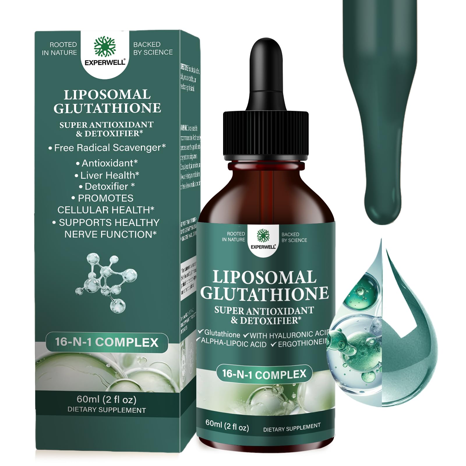 Flulight Suplemento Líquido de Glutationa Lipossomal com 2.000 mg, Ácido Alfa-Lipoico 600 mg e Ácido Hialurônico, 60 mL