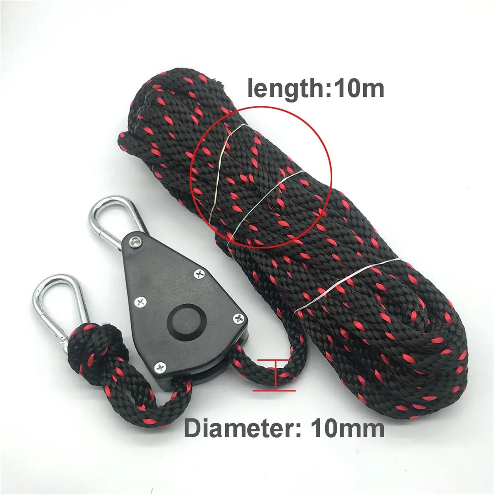 10mm 3/5/10m 100kg Tenda da campeggio Corda Puleggia Cricchetti Canoa Barca Poppa Lega Imbottiture Corda Heavy Duty Corda regolabile Gancio(Black 10m)