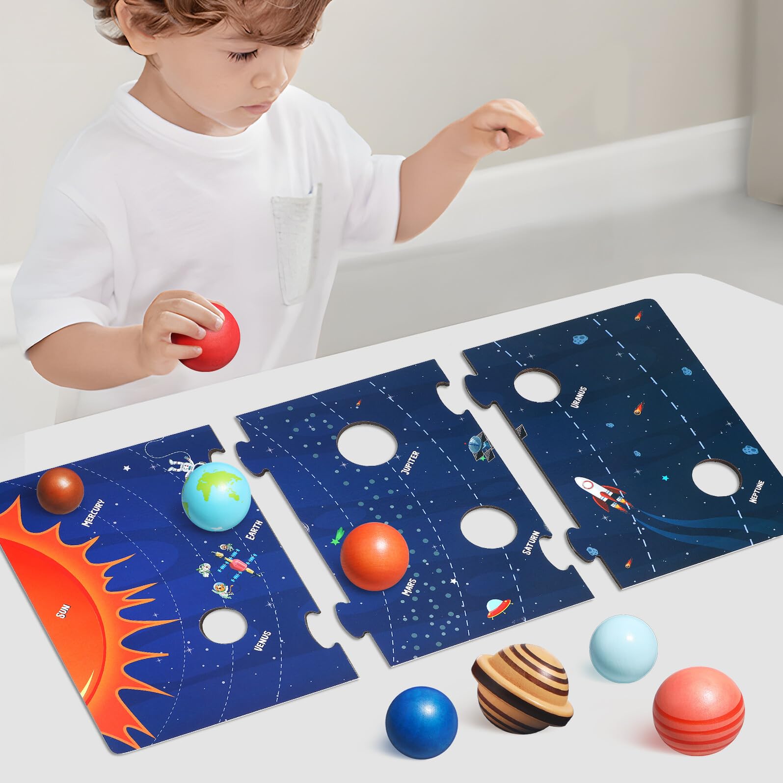 Puzzle Educativo Solare in Legno per Bambini 8 Pianeti, Facile da Conservare e Finemente Lavorato, per Apprendimento Scientifico e Gioco Didattico