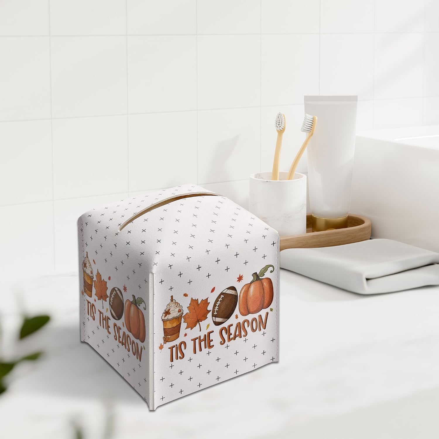 Fall Tis The Season Tissue Box Holder, Maple Leaf Pumpkins Leather Tissue Box Cover Square, Cute Facial Paper Organizer Dispenser Toilet Paper Holder for Bathroom Kitchen Office Home Decor-A04