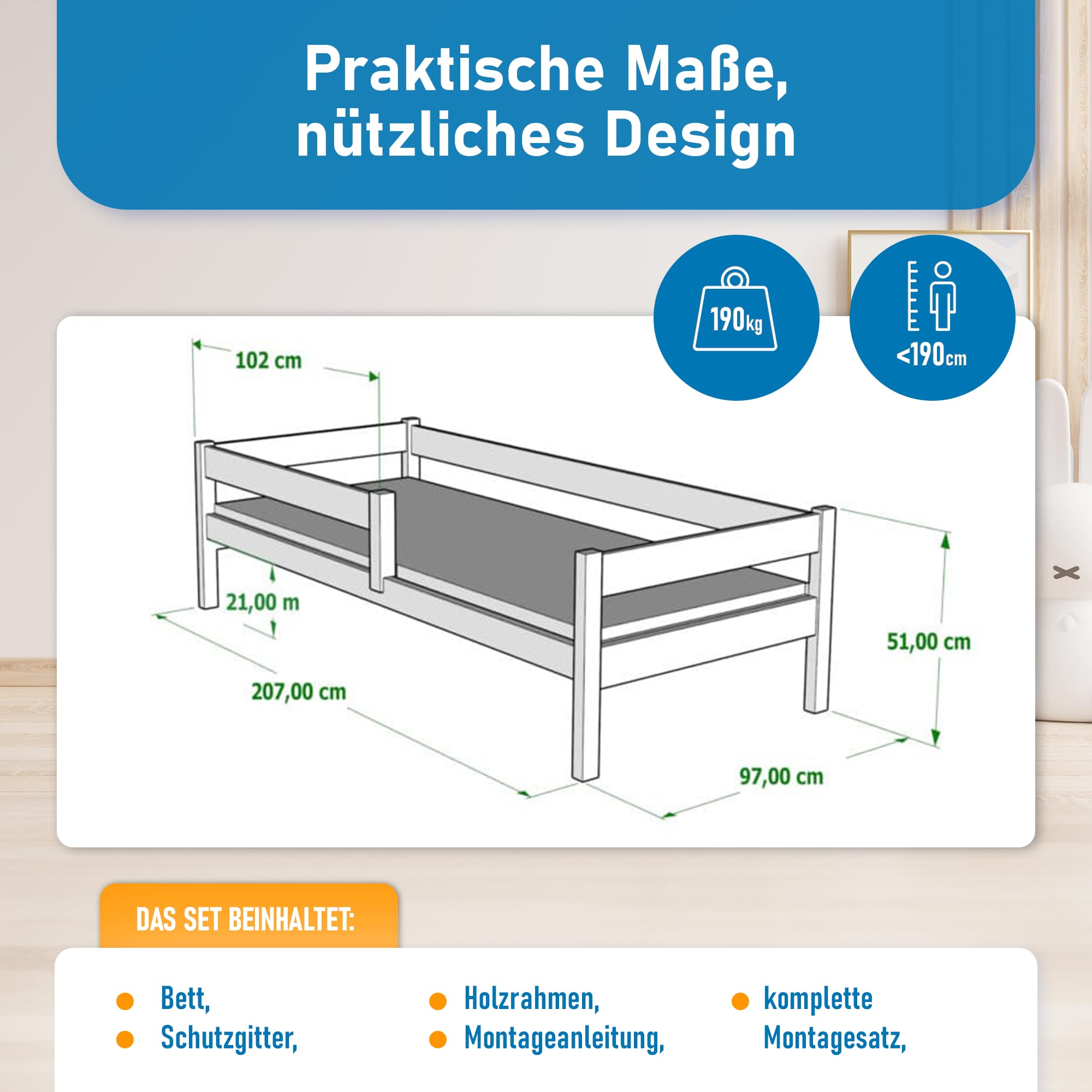 Kinderbett 90x200 cm mit Rausfallschutz & Lattenrost in Weiß, Einzelbett aus Kiefernholz für Kinder Mädchen Jungen Bett