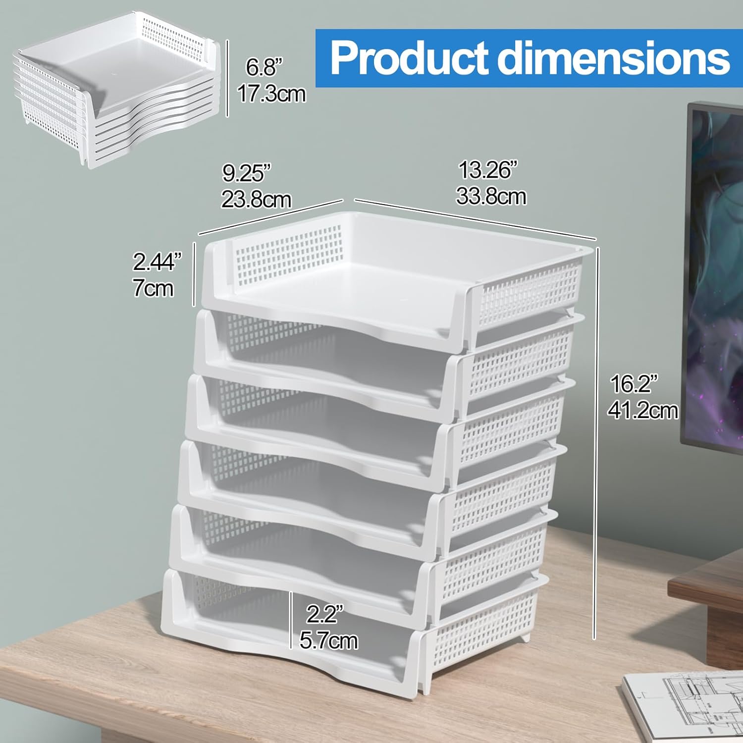 Teyyvn 6 Pack Plastic Stackable Paper Tray, Desk Letter Organizer Trays Stackable, White