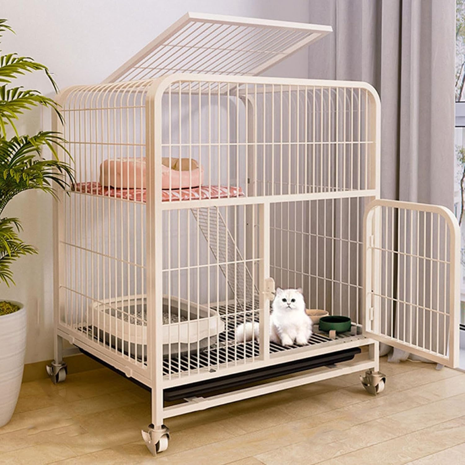 Exquisite Metal Wire Cat Kennel with Wheels, Indoor Pet Enclosure for Small Cats and Kittens - Cozy Villa Style House