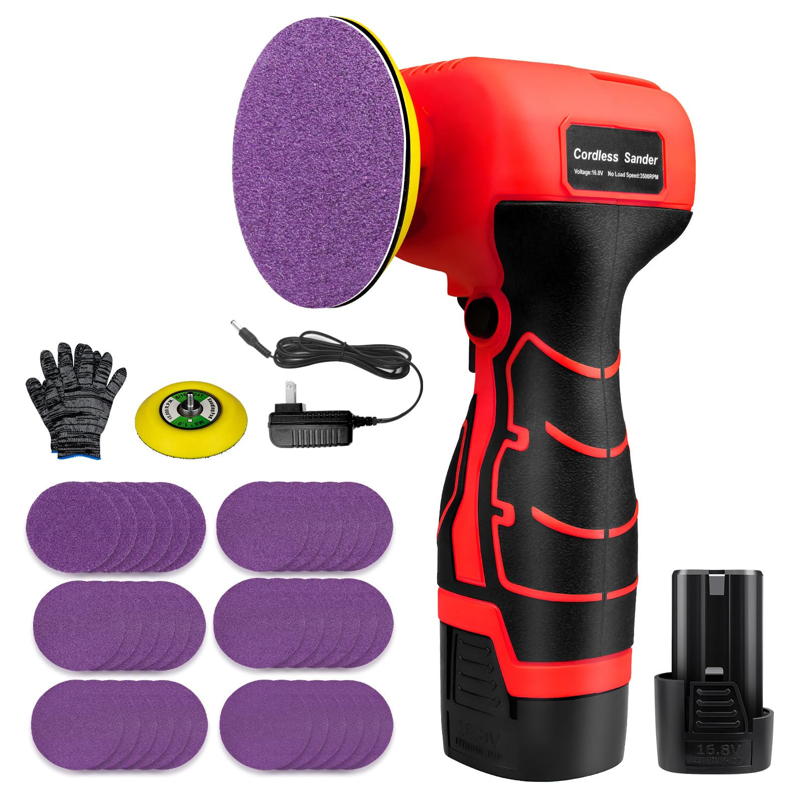 Levigatrice elettrica senza fili da 16,8 V con 36 carte vetrate, 3500 giri/min, batteria da 3,0 Ah, design leggero e compatto per legno, metallo, rimozione della vernice e progetti fai da te