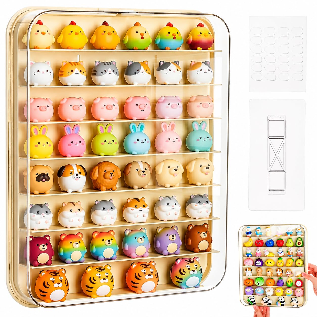 Przezroczysta gablota na minifigurkę, montowana na ścianie, 8-poziomowa półka ekspozycyjna z 96 silikonowymi naklejkami, pyłoszczelny organizer na mini zabawki, kolekcjonerska figurka