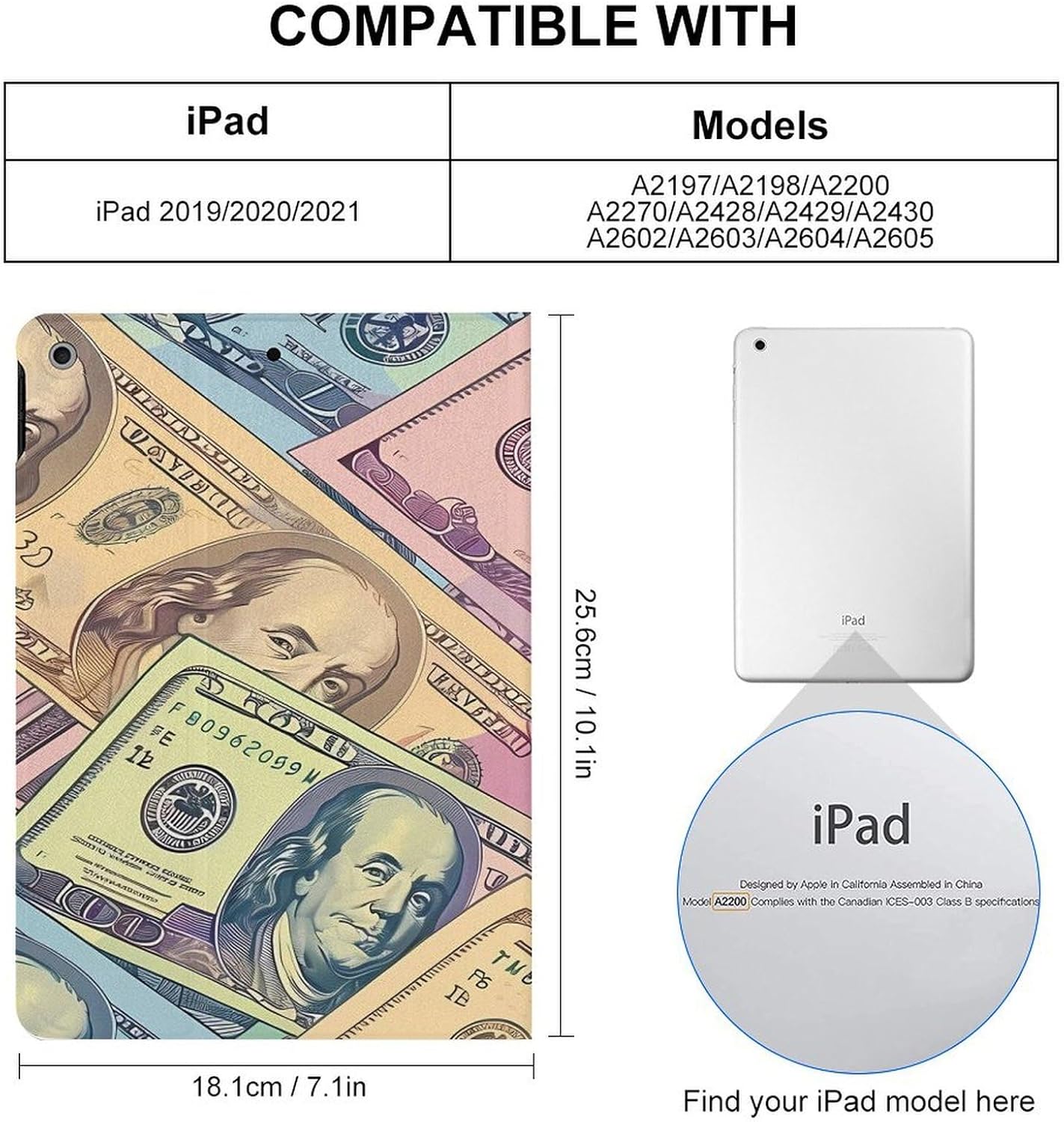 American Money Colorful Bill Dollars Printed Case Trifold Stand Protective Cover Compatible with ipad 2019/2020/2021(10.2in)