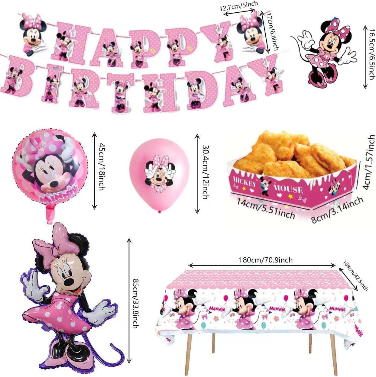 Minnie Party Supplies,38 PCS Birthday Decorations Set Include Banner, Balloons, Disposable plates, Hanging Swirls, Cake Cupcake Toppers, Tablecloth for Boys Girls Minnie Theme Party - Image 3
