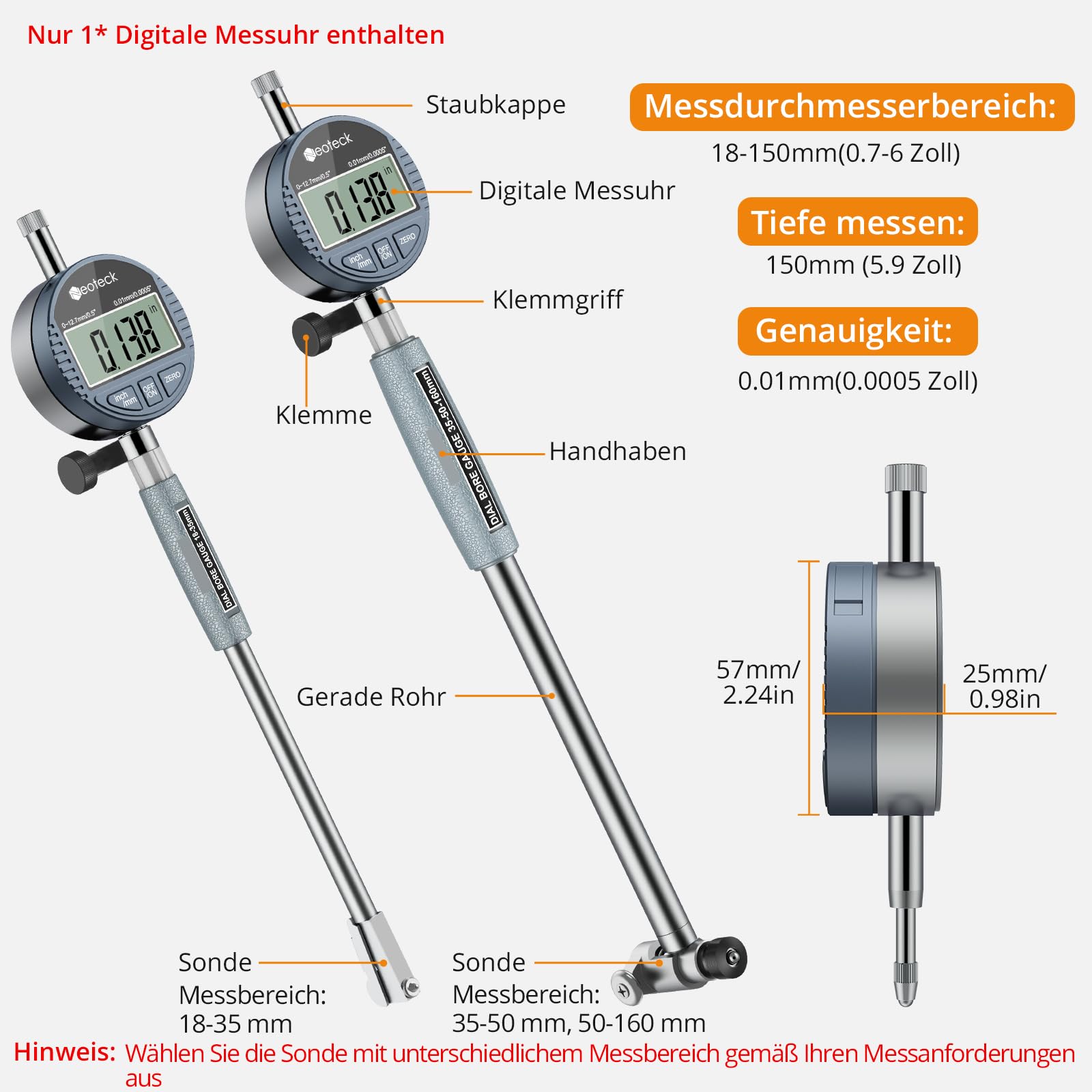 Neoteck Bohrungslehre Messuhr Set 18-160 mm Innendurchmesser Messuhr Aluminiumlegierung Hohe Präzision 0,01 mm Dial Bore Gauge Industriemesswerkzeug