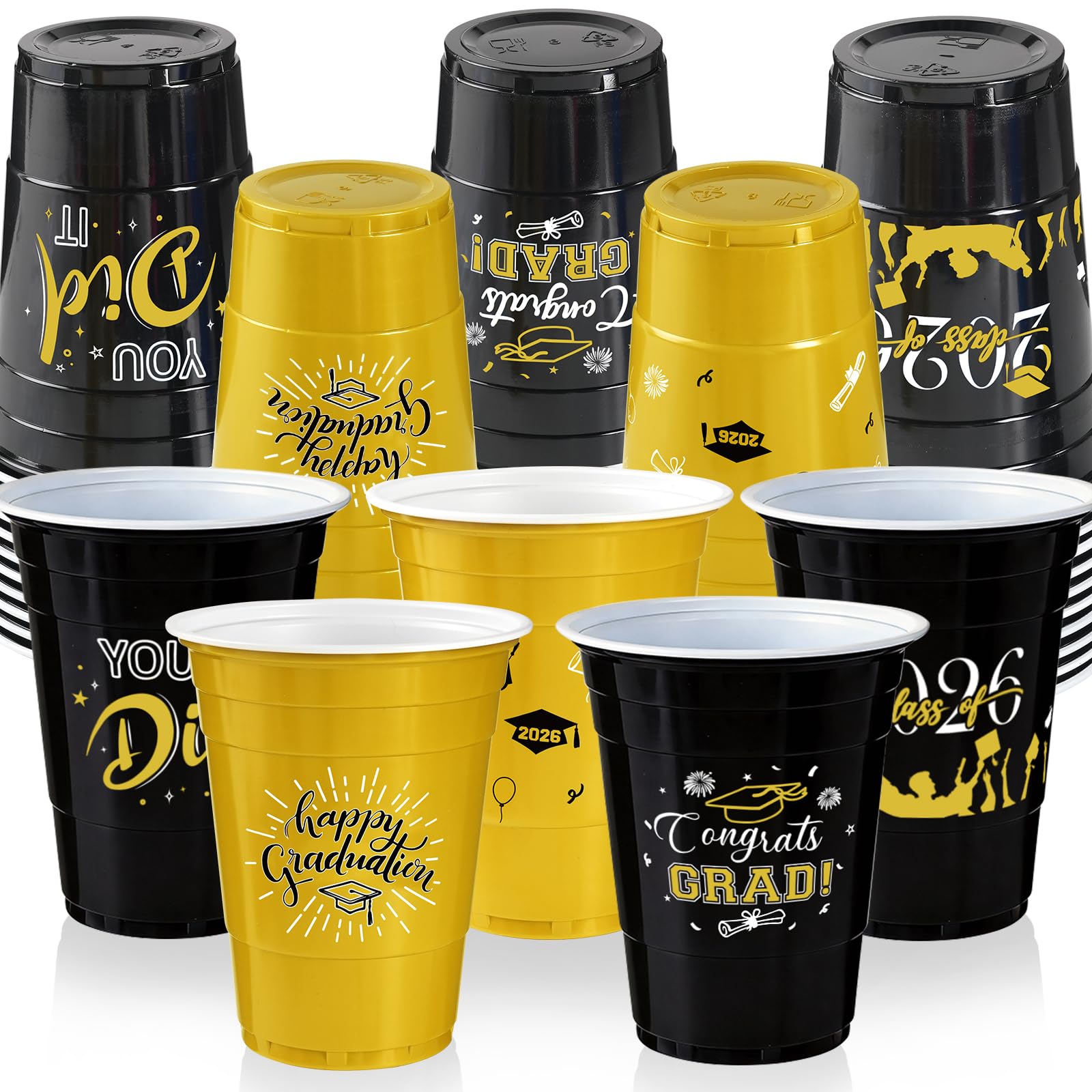 CUPLOOV Graduation Decorations 2026 Party Cups - 50pcs 16 Oz Gold and Black Disposable Graduation Plastic Cups for School Class of 2026 Grad