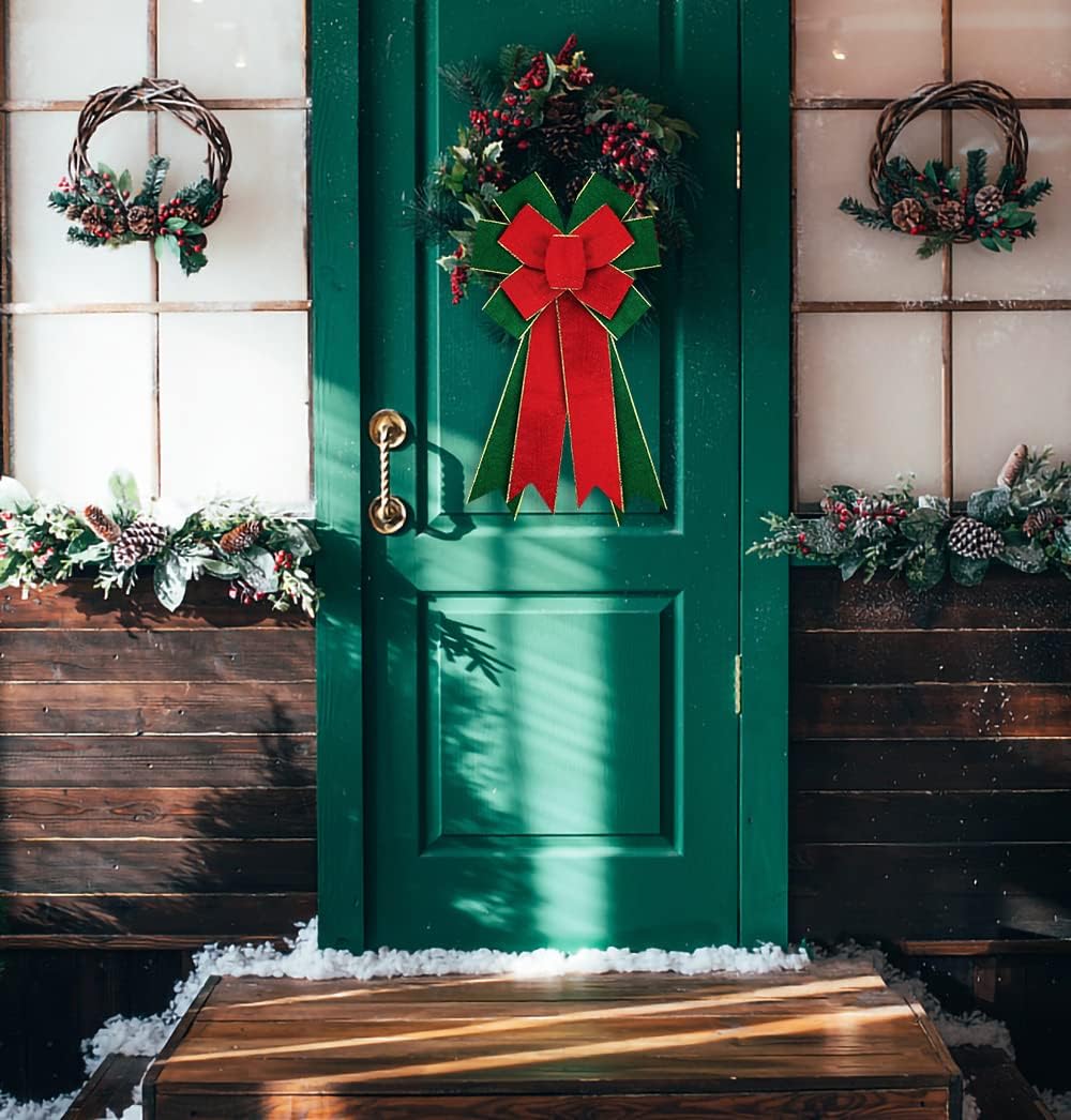 Hying Large Christmas Bows for Wreath, Red Green Velvet Wreath Bows for Xmas Décor Christmas Velvet Winter Bow for Front Door Indoor Outdoor Wall Tree Topper Decoration Supplies Christmas Ornament - Image 5