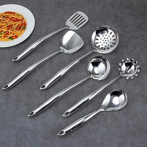 Miniatura 8 de VALESKA - Juego de utensilios de cocina de acero inoxidable 304, juego de utensilios de cocina de metal de 6 piezas, espátula wok, cucharón, cuchara