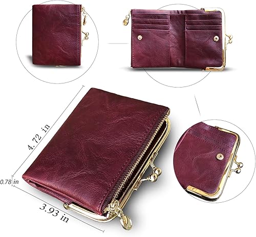 Miniatura 6 de AOXONEL Cartera pequeña Rfid para mujer, compacta, plegable, de cuero, vintage, con cremallera y cierre de beso, Vintage